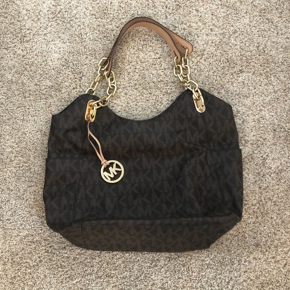 Michael Kors brown logo purse with gold accents
